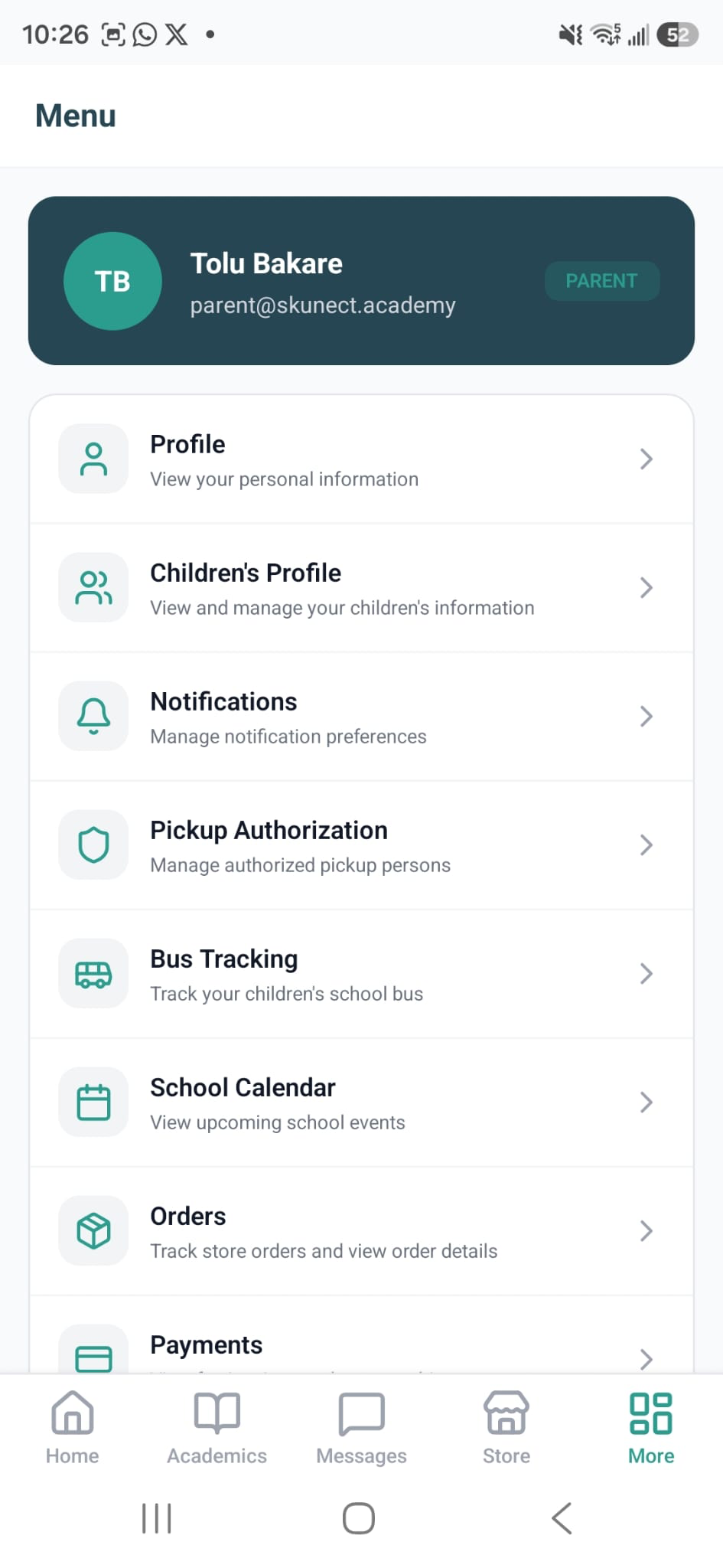 Parent mobile — Pickup Authorization in the menu