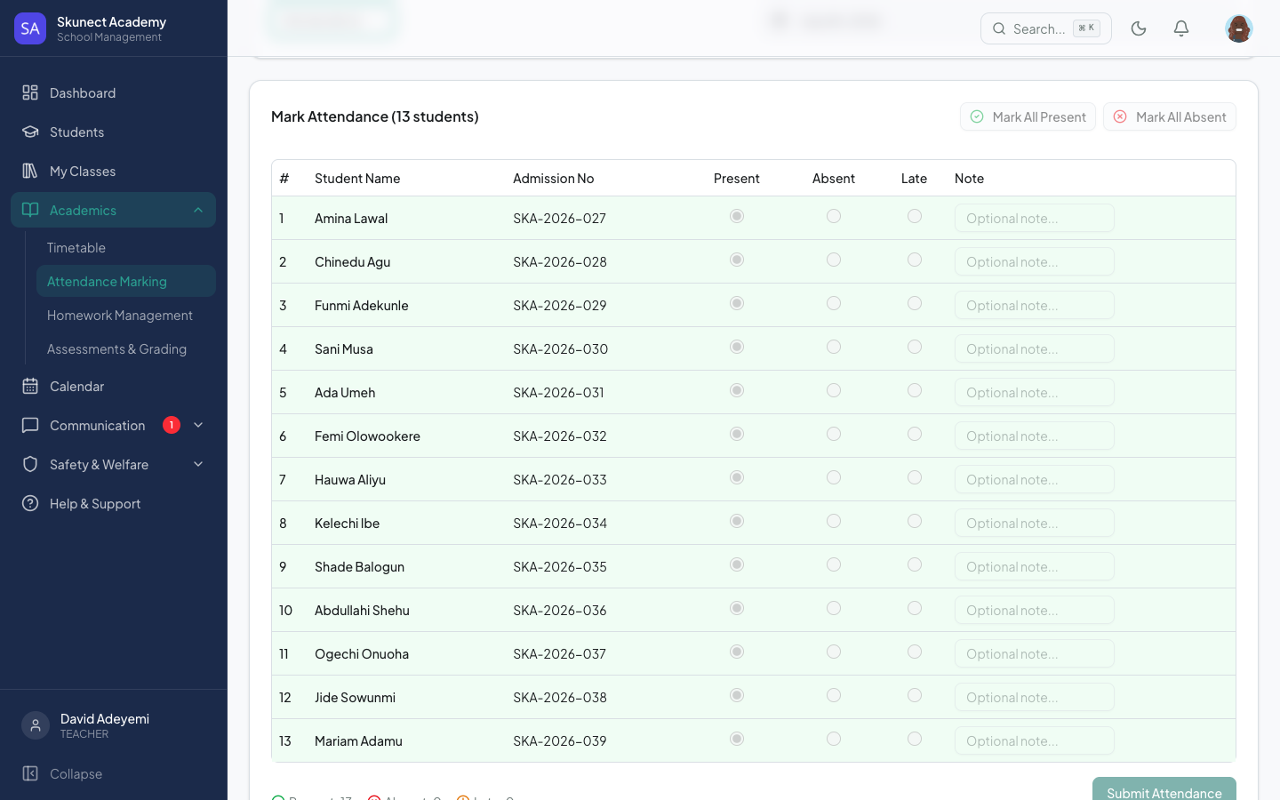 Skunect teacher attendance register grid